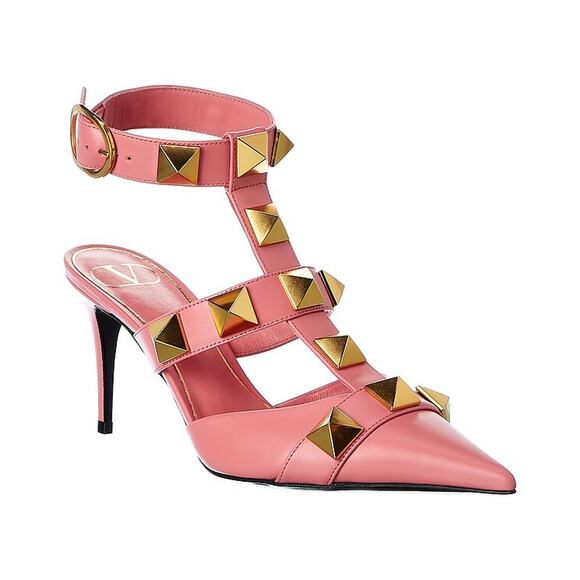 Valentino 'Roman Stud 80" Pink Leather Ankle Strap Pump Size 6 - Picture 1 of 5